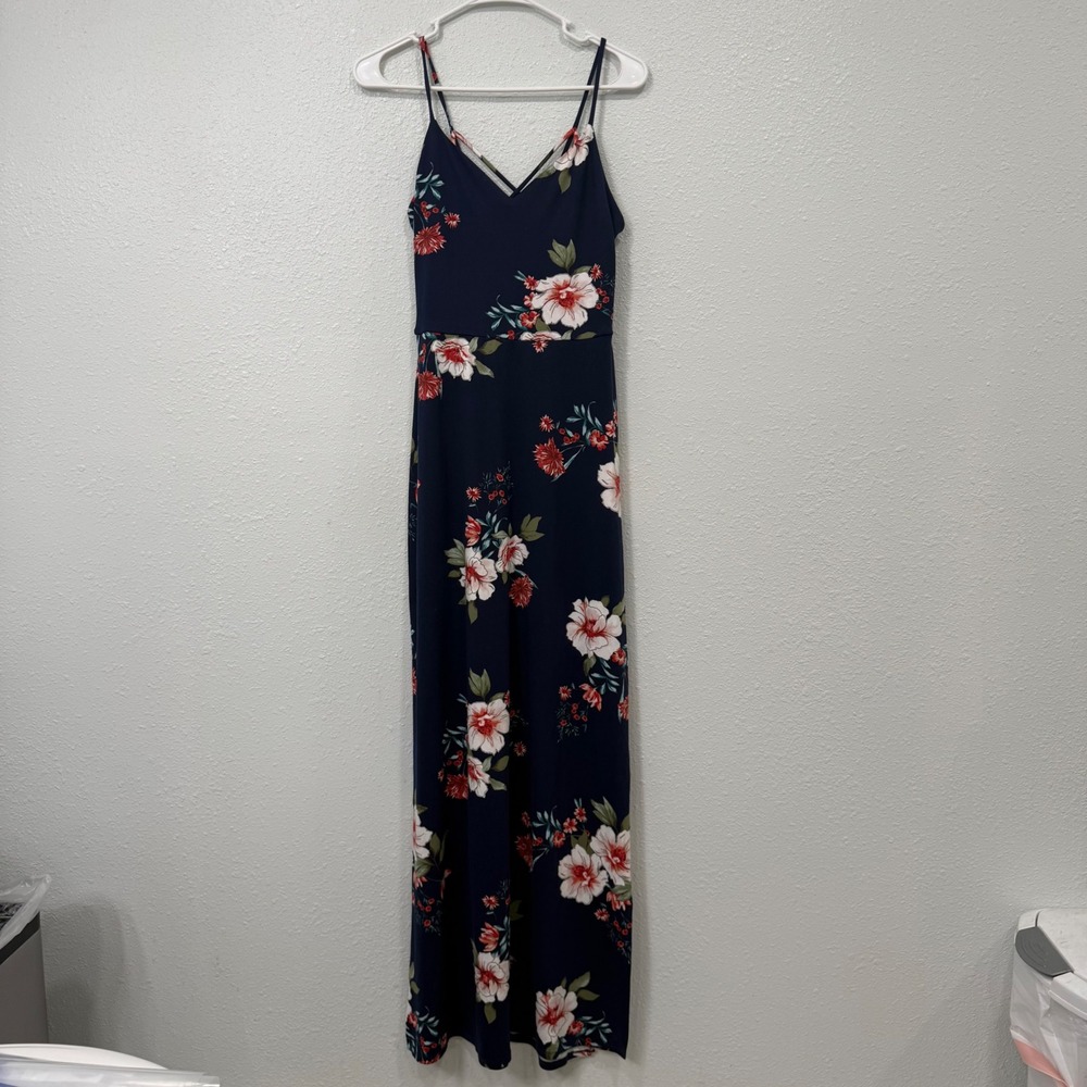 Fortune + Ivy Navy Blue Floral Maxi Dress XS Cross Back Side Slit Sleeveless